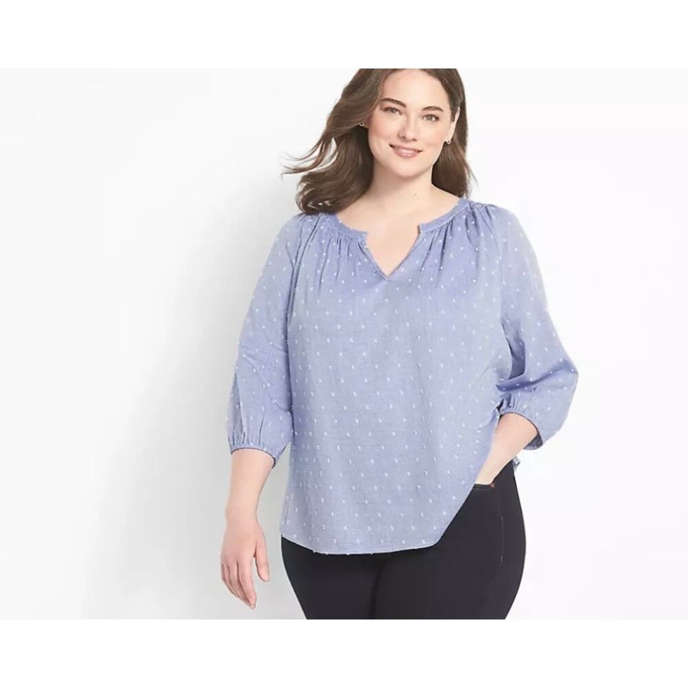 Lane Bryant Swiss Dot Chambray Blouse 3/4 Sleeve Split Top Sz 30 32Cotton Shirt